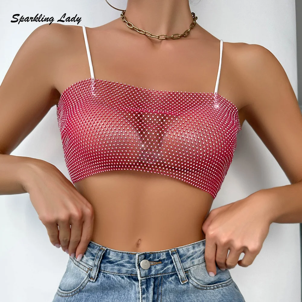 

Sexy Rhinestone Beach Cover Up Bra Women Rose Color See Through Hollow Out Crystal Mesh Tank Top Fishnet Vest for Festival Party