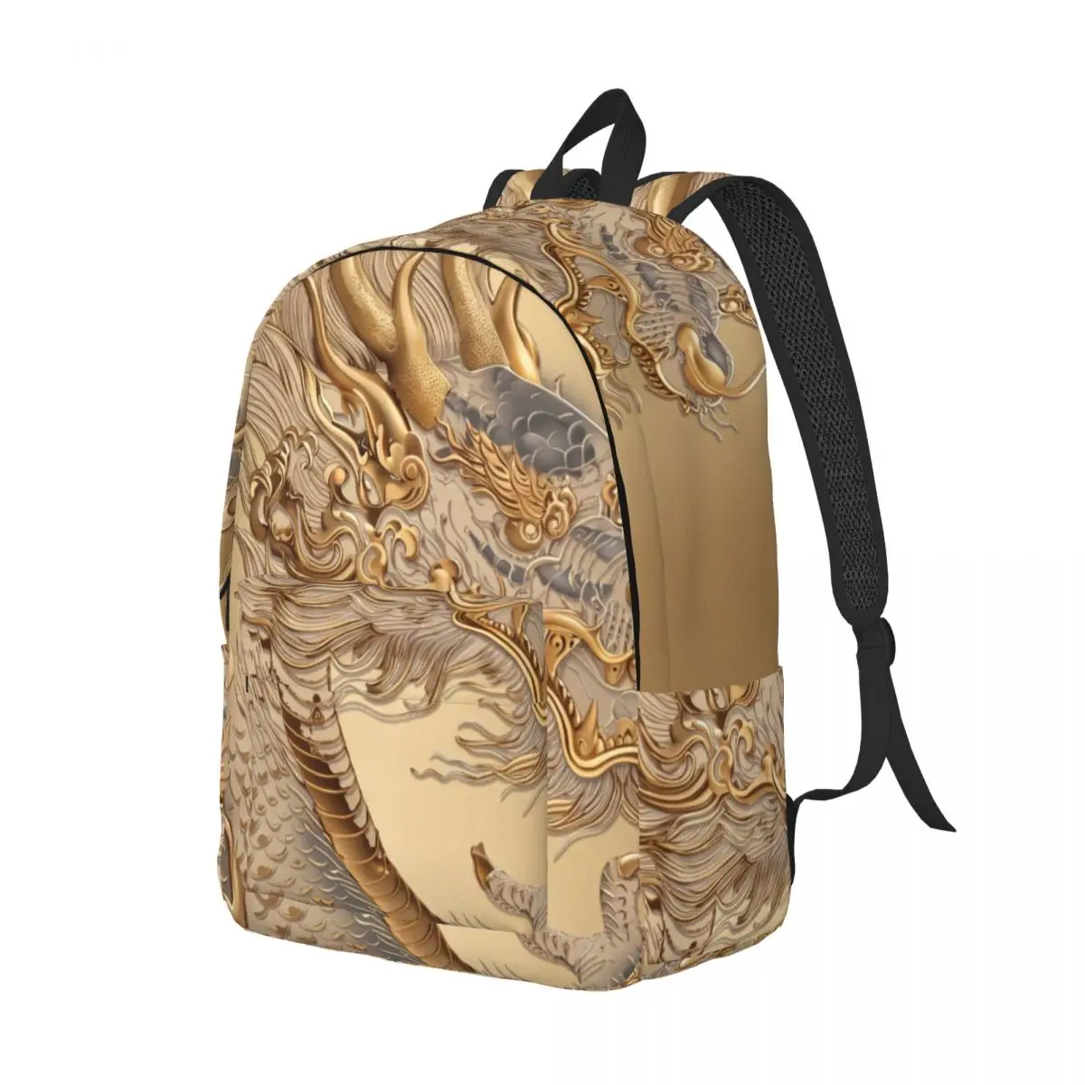 Dinosaur Print School Backpack Center Ornate Dragon Metallic Pattern Gold Grey Cream Large Bookbag for Primary Students Outdoor