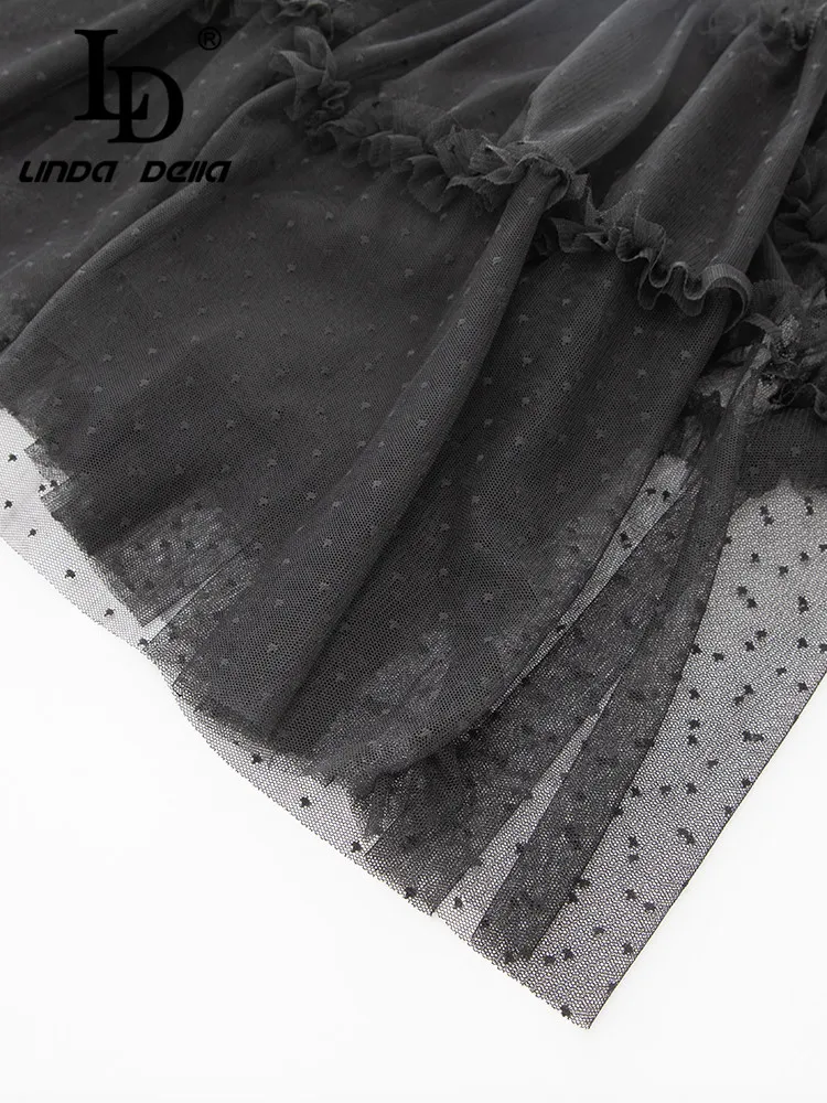 LD LINDA DELLA Summer Vintage Elegant Party Dress Women\'s Black Striped High Waist Button Hollow Out Print Dissymmetry Dress
