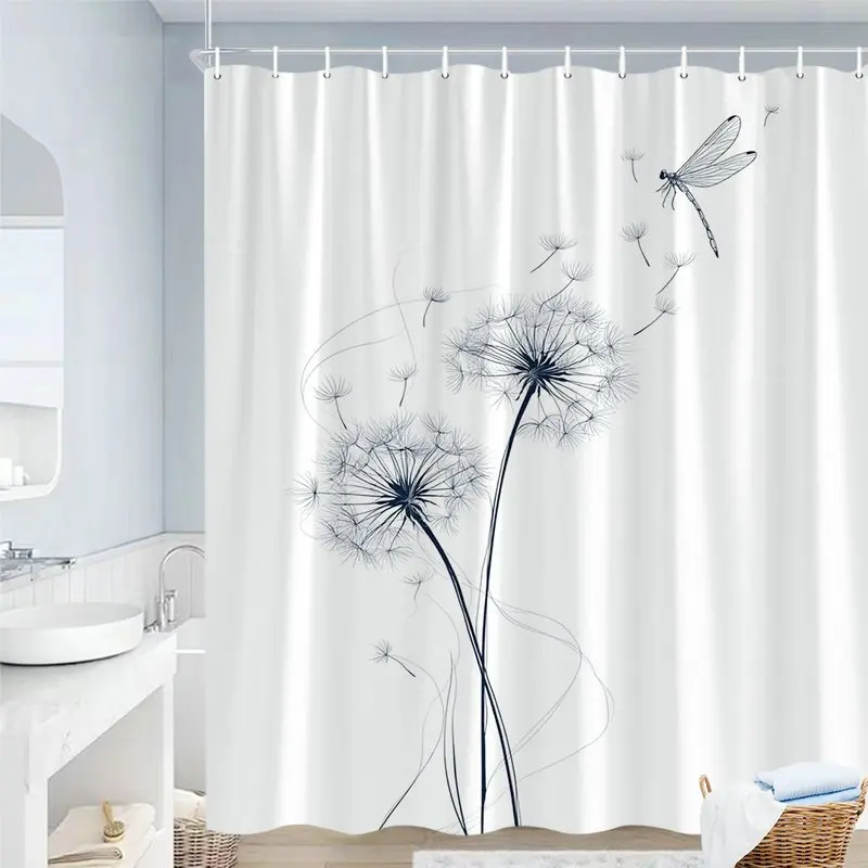 

1 шт. занавеска для душа с минималистичным синим контурным рисунком одуванчиков и стрекоз, демонстрирующая эфирное искусство, выполненное в элегантном стиле.