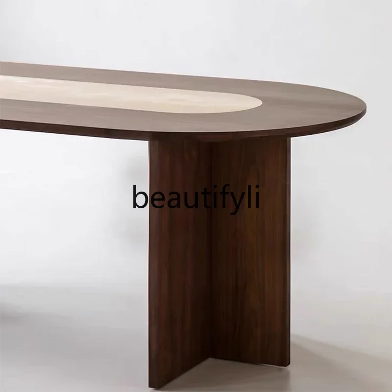 Medieval oval solid wood dining table Minimalist retro walnut color travertine household dining table