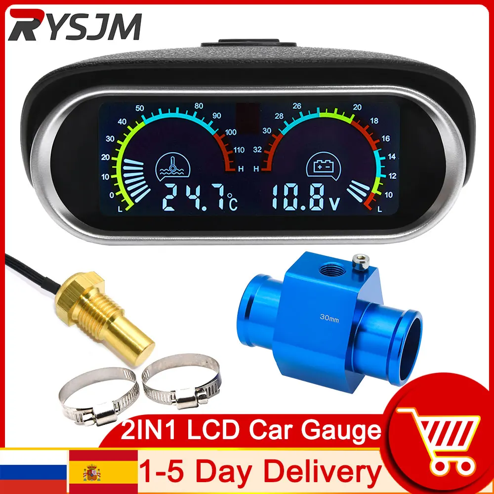 12V 24V Car LCD Water Temperature Meter Thermometer Voltmeter Gauge 2 in 1 Temp & Voltage Meter 10mm Sensor Adapter 1/8NPT