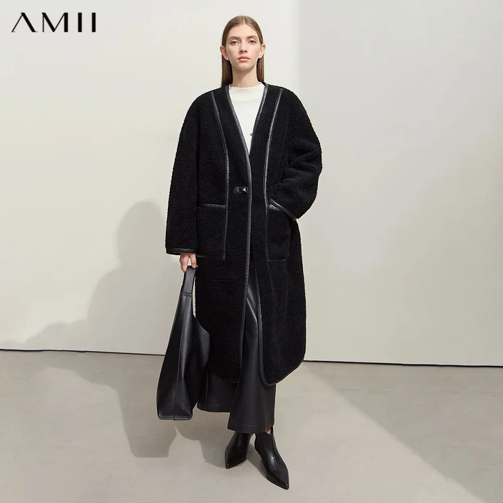 AMII Long Fur Coat 2026 Winter New V-neck All-wool Thick Warm Outerwears Leather Buckle Pocket Casual Loose Women's Top 12444137