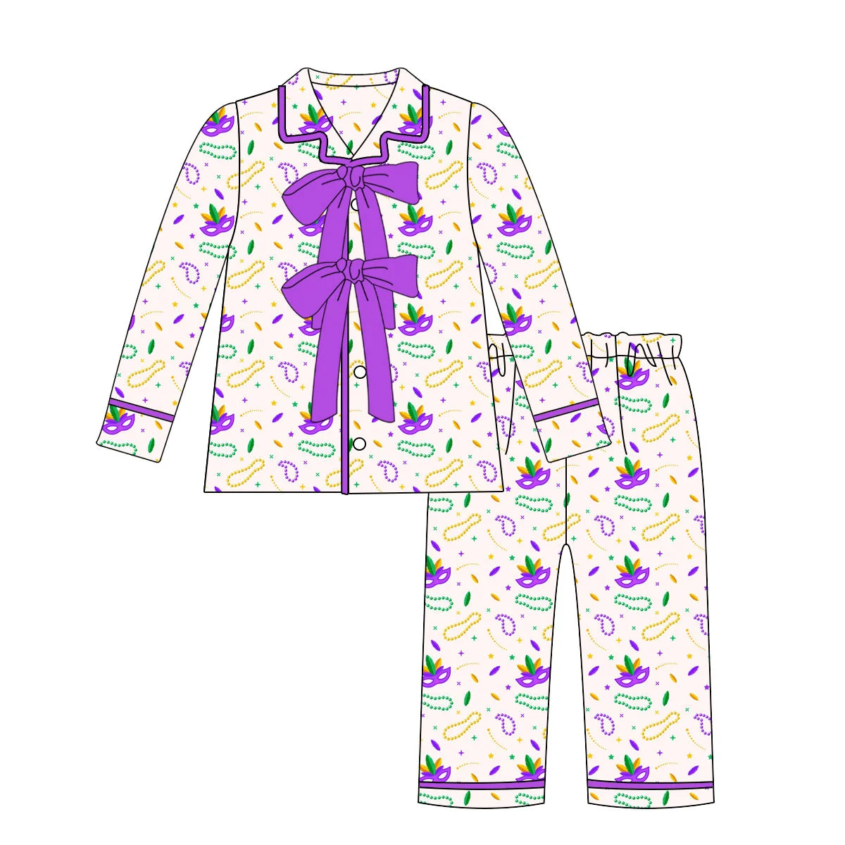 Boutique Family Mardi Gras Clothing Mommy and Me Pyjamas Set Purple Big Bow Pajamas Outfits Ballerina Print Children's Clothing