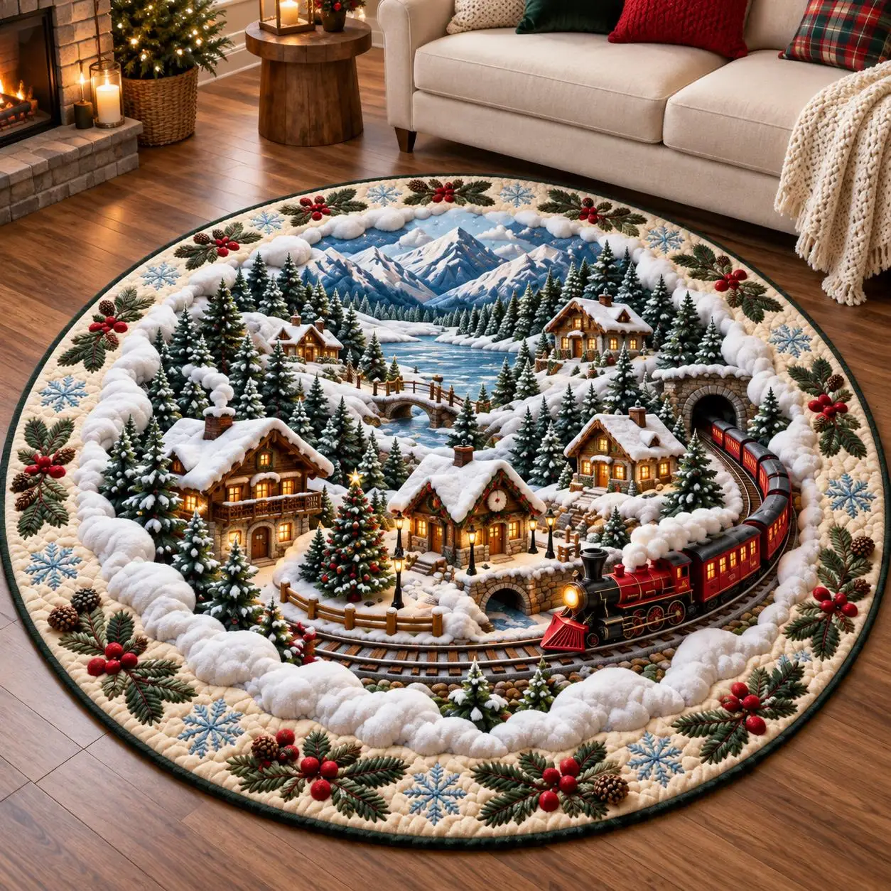Living Room 3D Christmas Castle Floor Mat Santa Sleigh Area Rug Gorgeous Bedroom Entryway Decorative Accent Round Rug