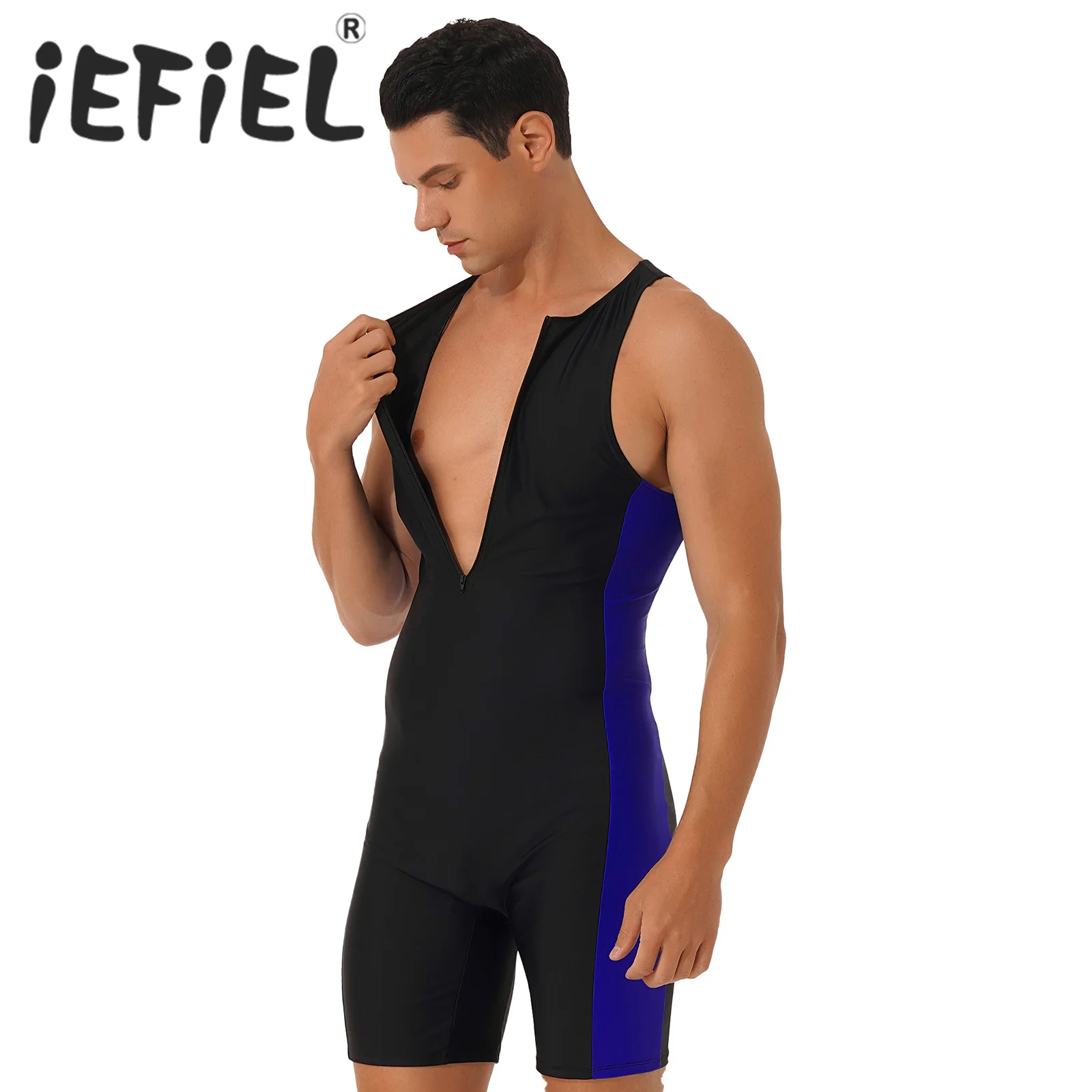 Mens One-piece Swimsuit Rashguard Swimwear Sleeveless Front Zipper Bodysuit Wetsuit for Beach Pool Swimming Surfing Bathing