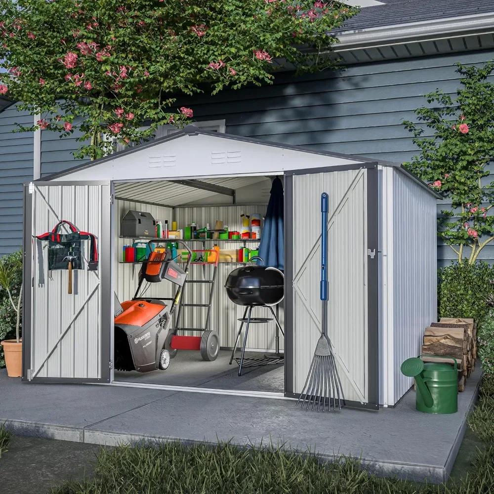 

10x8 FT Storage Shed with Lockable Hinged Door, All Weather Outdoor Metal Tool House W/ 4 Vents and Sloping Roof, Sheds