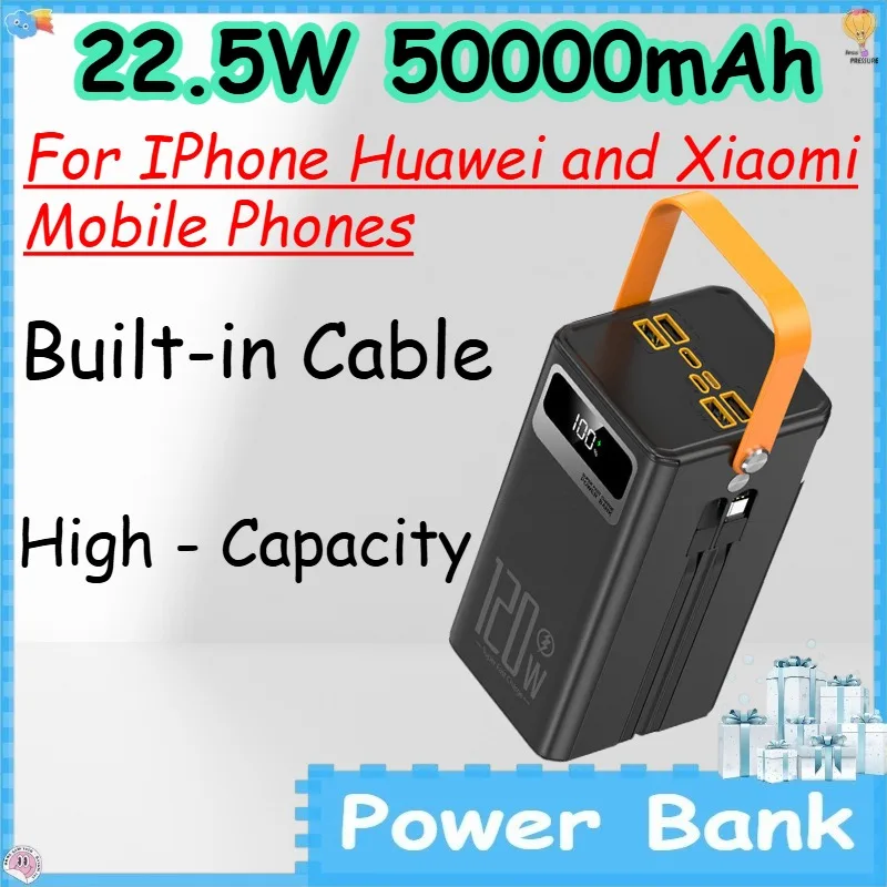 22.5W 50000mAh Power Bank with Built-in Cable for IPhone Huawei and Xiaomi Mobile Phones High - Capacity Mobile Powerbank