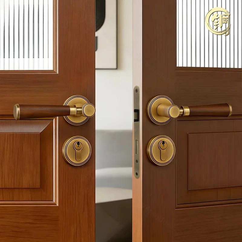 Modern Simple Indoor Split Pure Copper Door Lock Retro Walnut Finish for Meeting Room Office