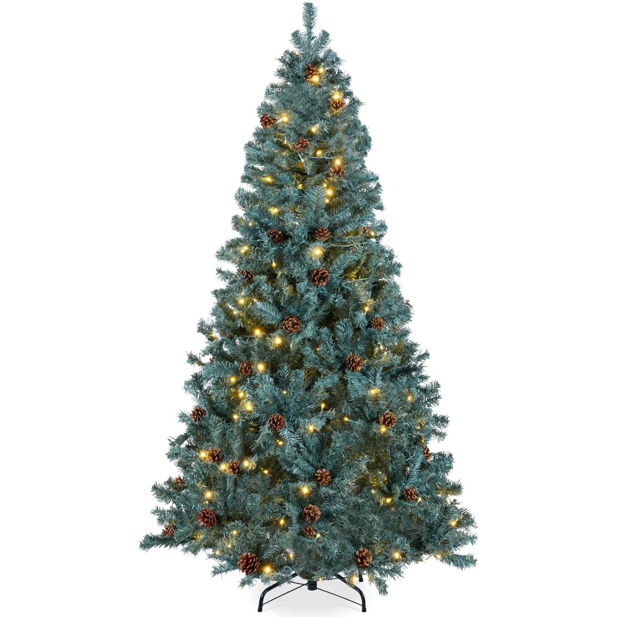 9ft Pre-Lit Pre-Decorated Pine Artificial Christmas Tree w/ 2,028 Tips, 108 Pinecones, 850 Lights, Base – Blue Spruce