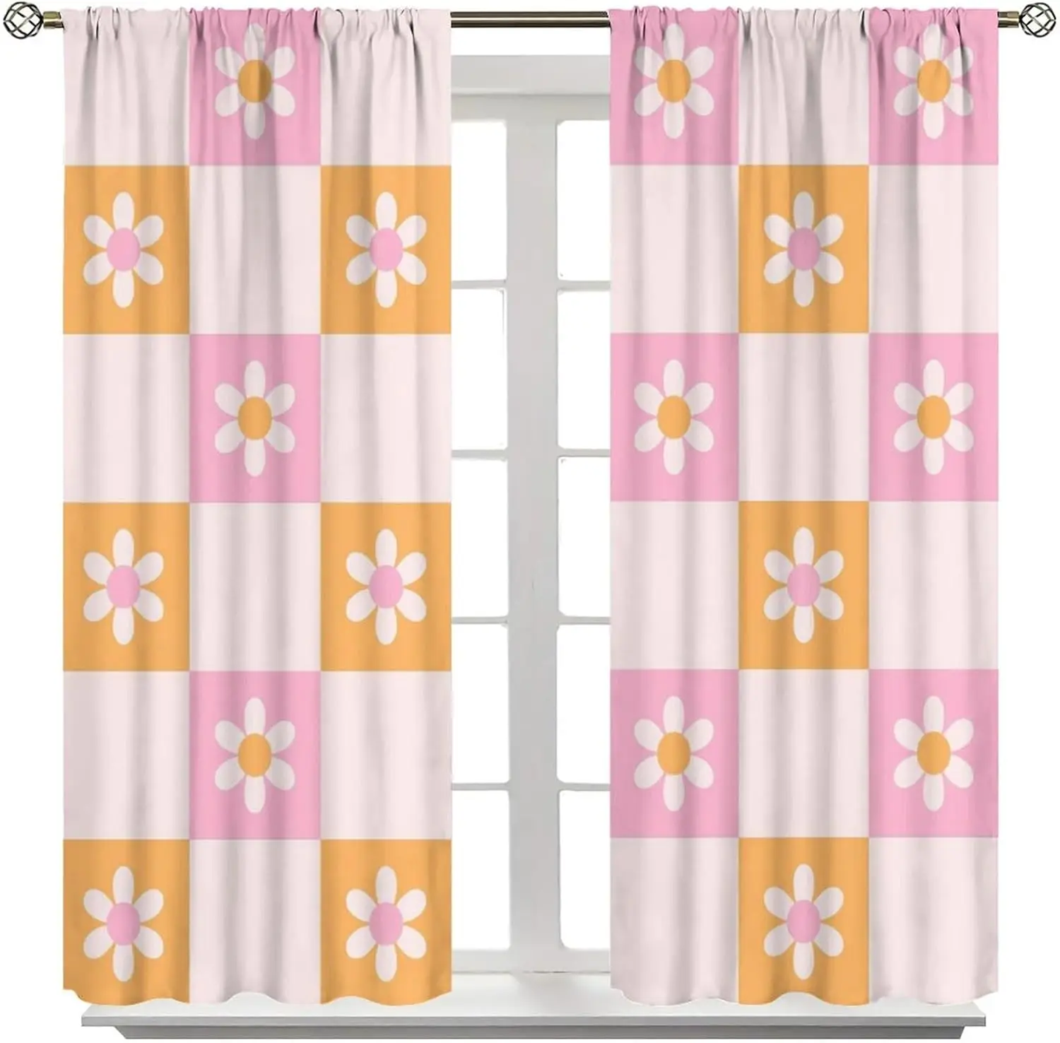 Floral Daisy Pattern Curtains 2 Pieces Pair Pink Orange Modern Decorative Window Curtains for Bedroom Living Room Home Decor