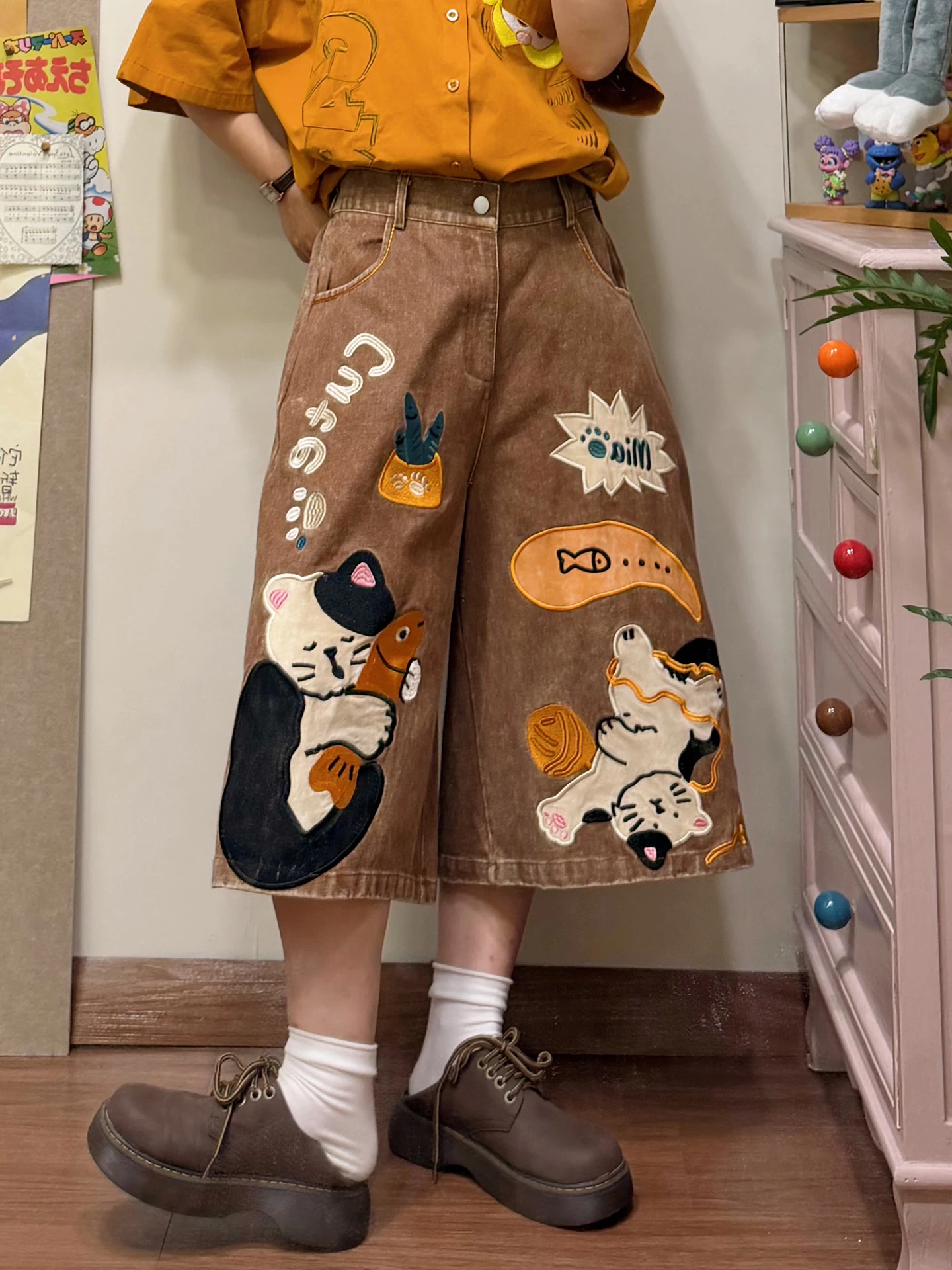 BIBULU Retro Cartoon Patchwork Denim Jeans Loose Casual Embroidered Straight Leg Pants Street Style Seven-Foot Length