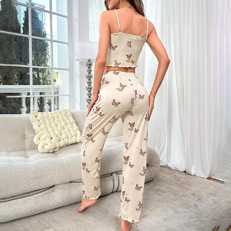 Women\'s Pajamas Set Cami Trousers Sleepwear suit Sleeveless Sexy Top Butterfly Heart Print Pyjama Loungewear Outwear Summer 2PCS