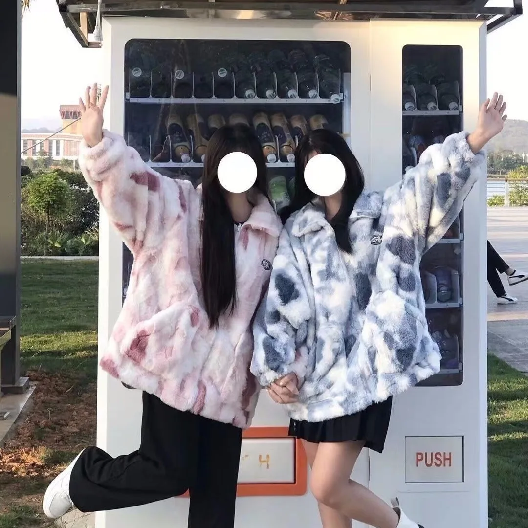 Tie Dye Lamb Wool Coat for Women New Loose Fit Student Thick and Plush Zipper Stand Up Collar Top
