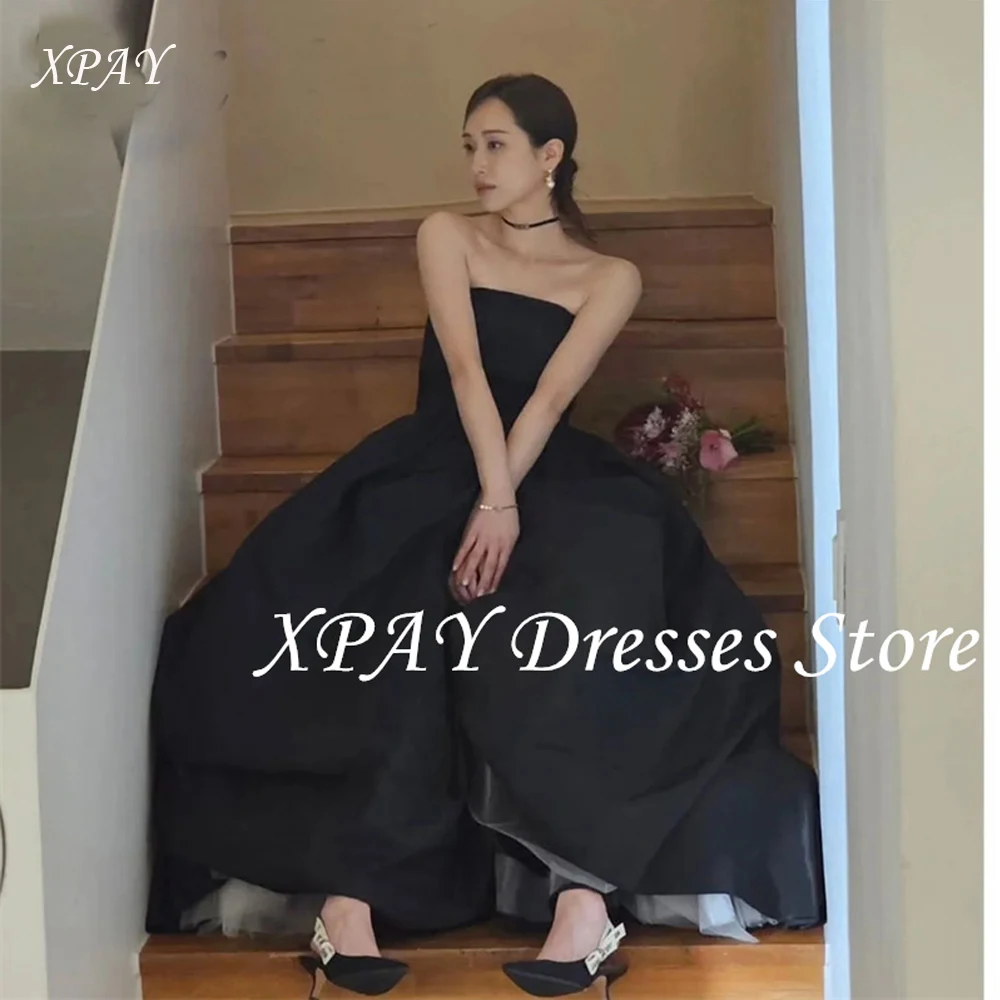 

XPAY Simple Black A Line Wedding Receiption Dresses Korea Photo shoot Customized Strapless Floor Length Evening gowns Customized