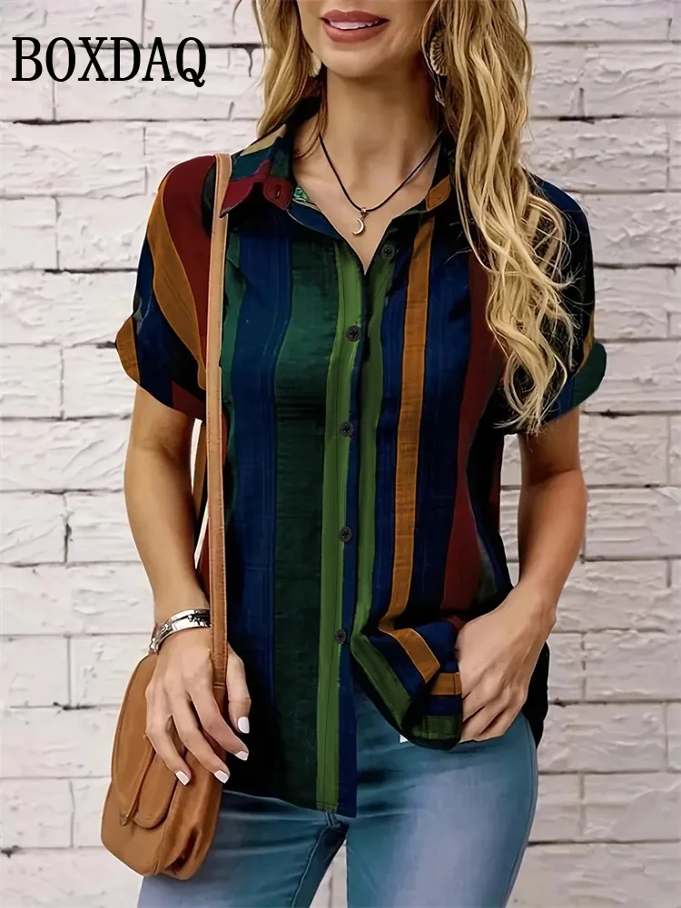 2025 Trendy Casual Shirts Summer Women’s Single Breasted Tops 3D Colorful Striped Printed Blouses Fashion Streetwear Blouse Tops