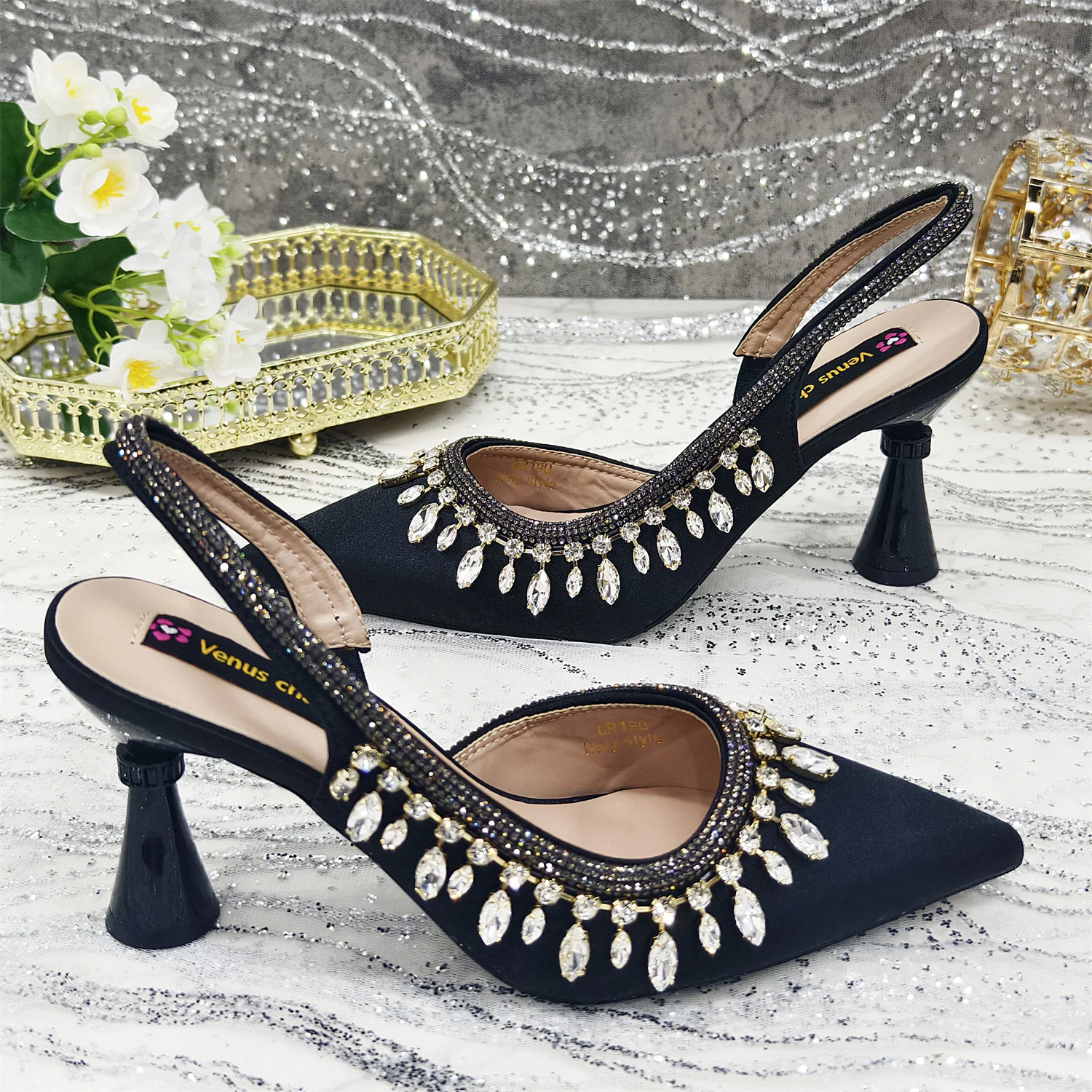 2024 Black Color Pointed Toe Shiny Rhinestone Painting Design Ladies Shoes Matching Bag Set For Women Party Pump