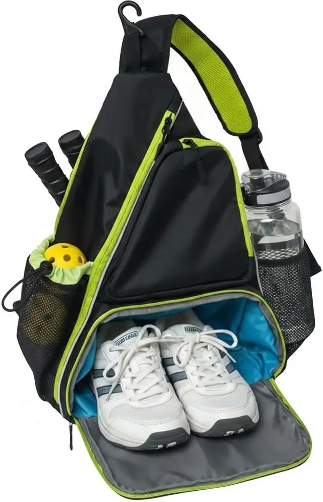 

Сумка-слинг для пиклбола с отделением для обуви, профессиональный рюкзак для ракеток, большая вместимость с карманом для бутылки с водой и крючком для крепления к ограждению