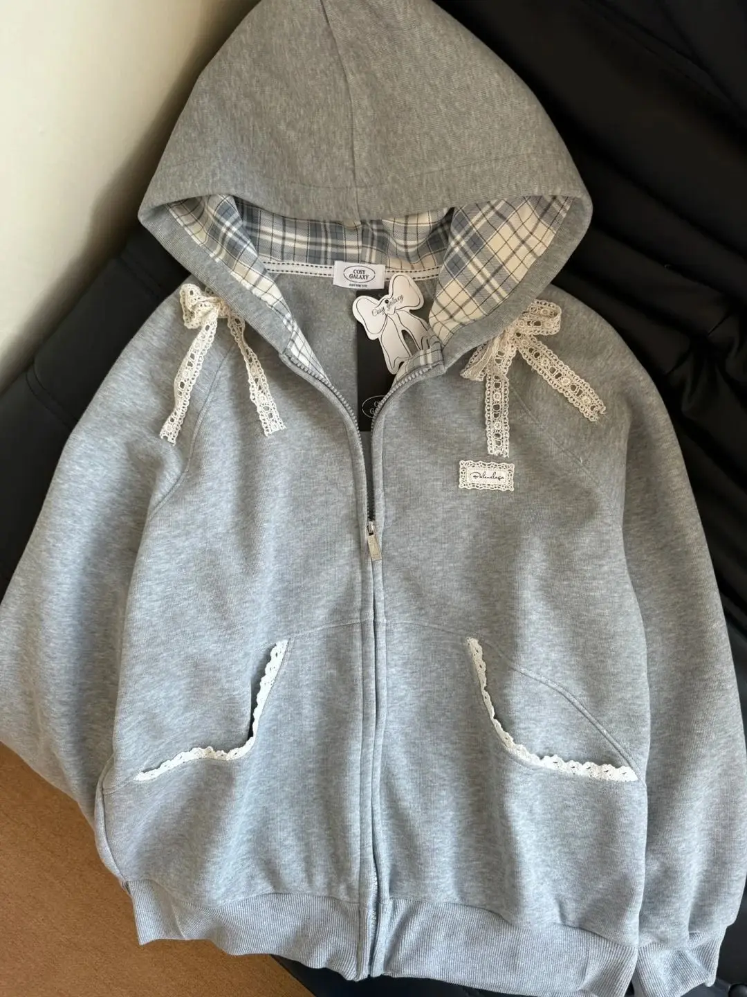 

Корейская кружевная клетчатая лоскутная толстовка на молнии с бантом, осень-зима, новая повседневная толстовка с длинными рукавами, милый кардиган для девочек, пальто