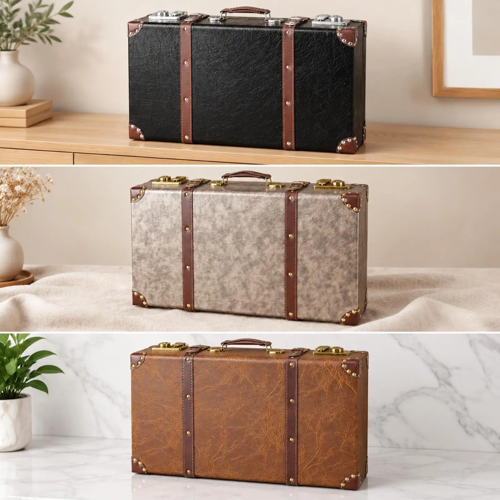 Hard Shell Vintage Suitcase Leather Travel Bag Retro Luggage for Weekend Travel and Decor