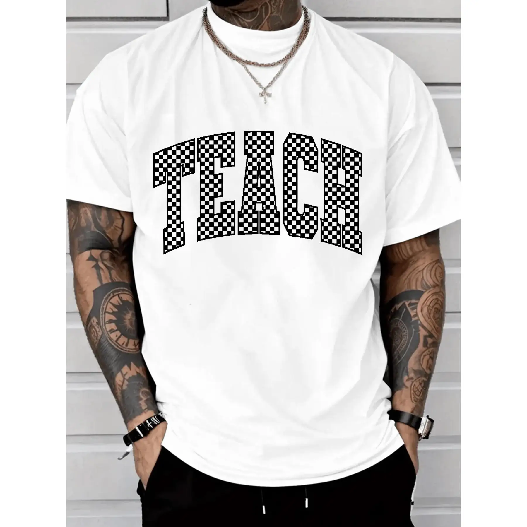 

Men Oversized Teacher T-Shirt Teach Checkerboard Graphic Tee Retro Varsity Style Educator Appreciation Casual Top Gift