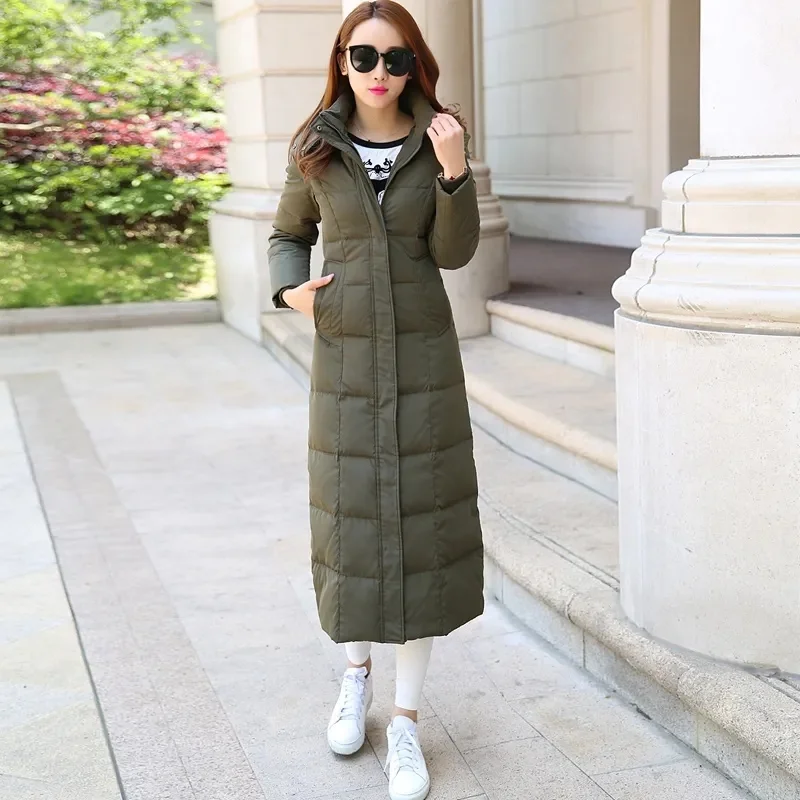 New Fashion Simple Super Long Down Cotton Dress Women's Over Knee Thickening Autumn Winter Detachable Hat Slim Fit Medium Length