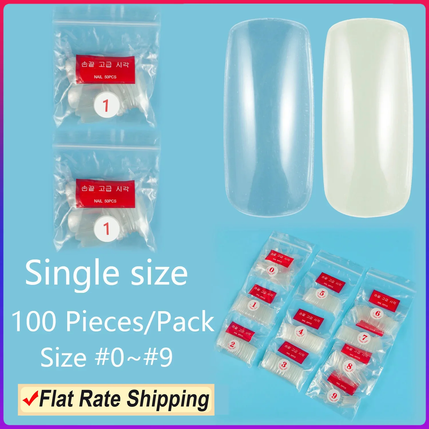 Long Square 100 Pieces Single Size False Nail Tip Refill Nail Size 3 4 5 Artifical Fake Nails Full Cover  Nail Tip Same Size