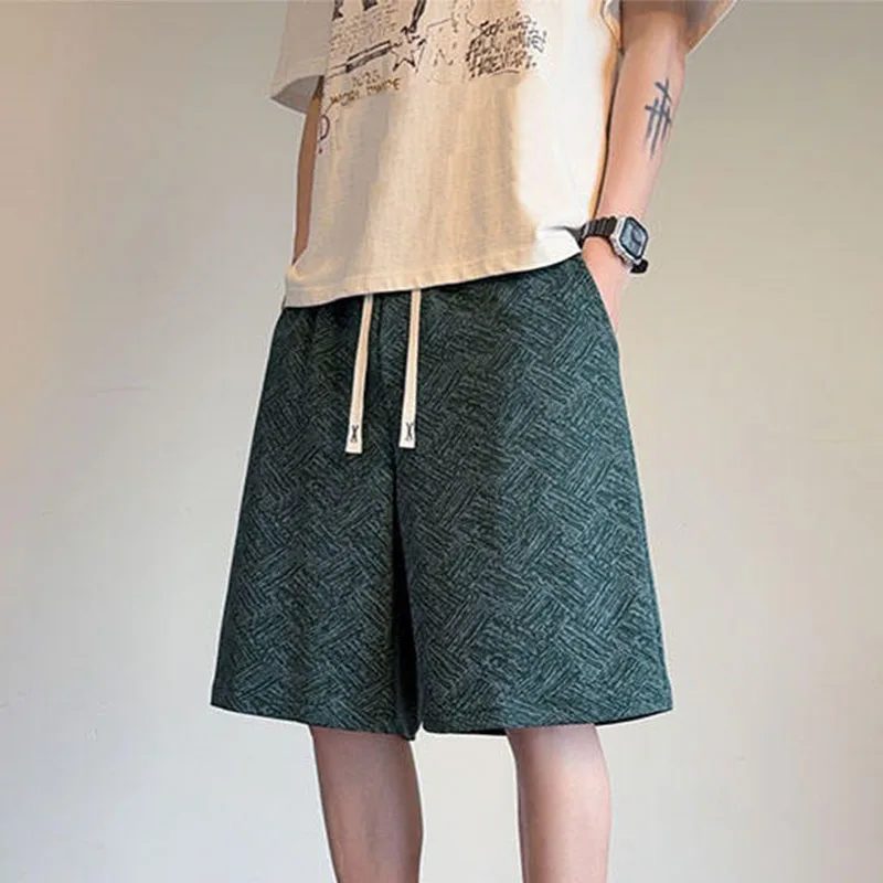 

Summer Men Casual Wide Leg Shorts Loose Straight Short Pants Chic Striped Print Male Running Fitness Sports Drawstring Shorts