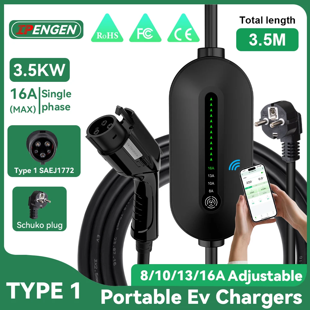 

IPENGEN Type1 Зарядное устройство для электромобилей Портативное 3,5 кВт 16 А 1-фазное зарядное устройство для электромобилей EVSE Зарядка Беспроводное управление через приложение Регулировка тока