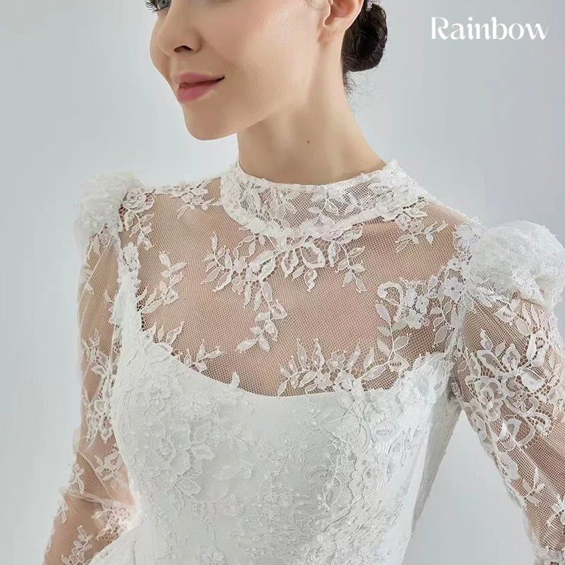 فستان زفاف برقبة عالية أورجانزا رشيقة مع تطريز على شكل حرف a ثوب حفلة كم كامل مخصص للعروس بأربطة فيستدو دي نوفيا