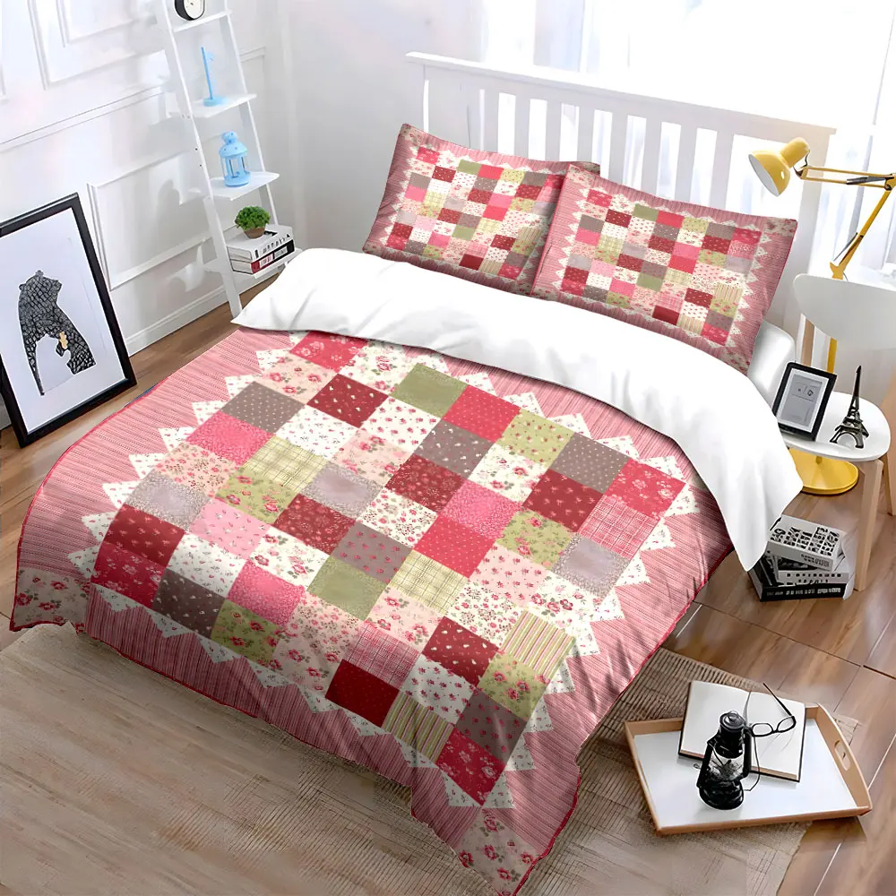 

Sweet Pink Rose Patchwork Bedding Set 3PCS Cozy Floral Print Duvet Cover with Pillowcases Soft Pastel Quilt for Girls Bedroom