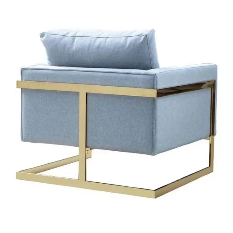 ！@Contemporary Light Blue Soft Woven Fabric Upholstered Armchair with Gold Open Box Metal Frame for Living Room Chairs