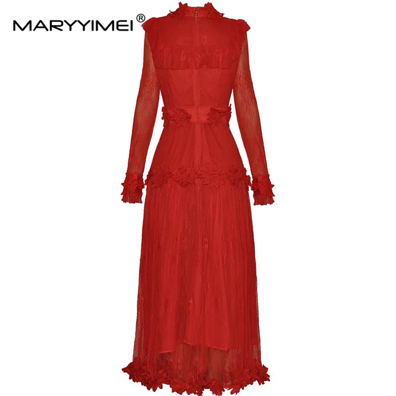 MARYYIMEI Fashion Women\'s Ball Gown Dress Autumn Stand Collar Lace Long-Sleeved Appliques Design Vintage Solid Color Dresses