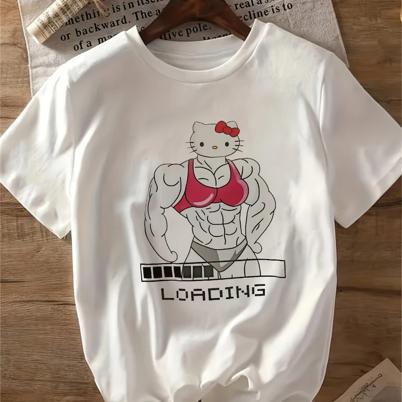 تي شيرت عصري، نمط الرسوم المتحركة سانريو، كاجوال، فضفاض ومريح لطيف لفتاة القطة العضلية هالو كيتي، قمة سلسلة عائلة سانريو #1