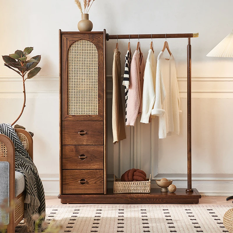 Custom modern ash wood solid wood rattan wardrobe freestanding hanger storage rack with 3 drawers
