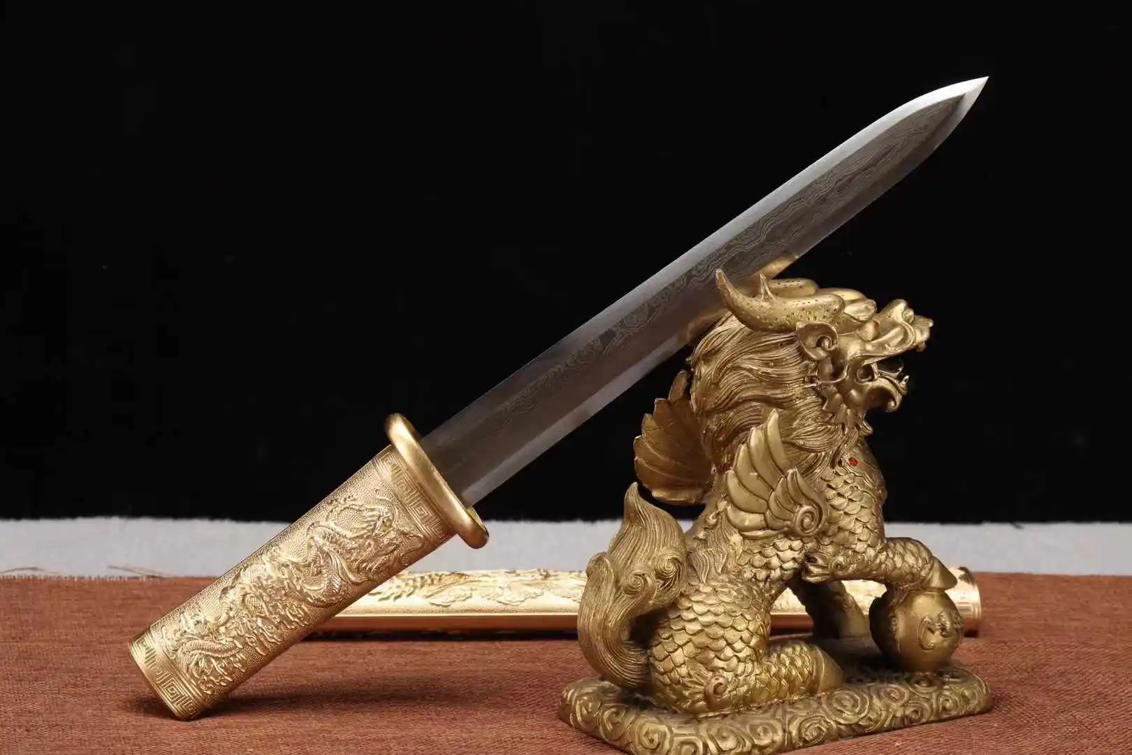 Chinese Dragon & Phoenix Kungfu Battle Ready Short Sword, Handmade Multi Refined Folded Patterned Steel Blade, Unhardened