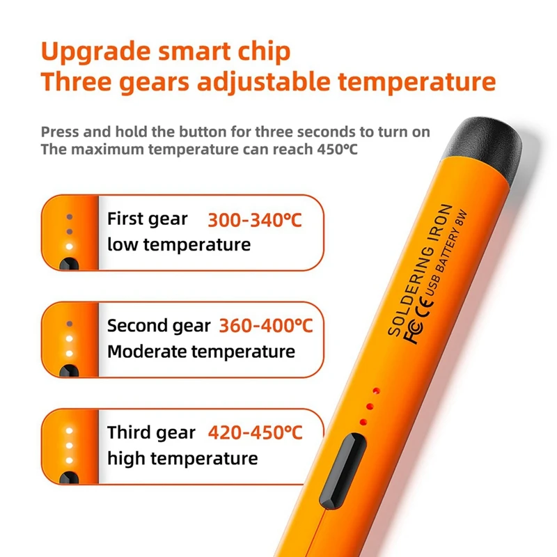 USB Recarregável Ferro De Solda Portátil, Mini Kit De Solda Elétrica, 3 velocidades temperatura ajustável