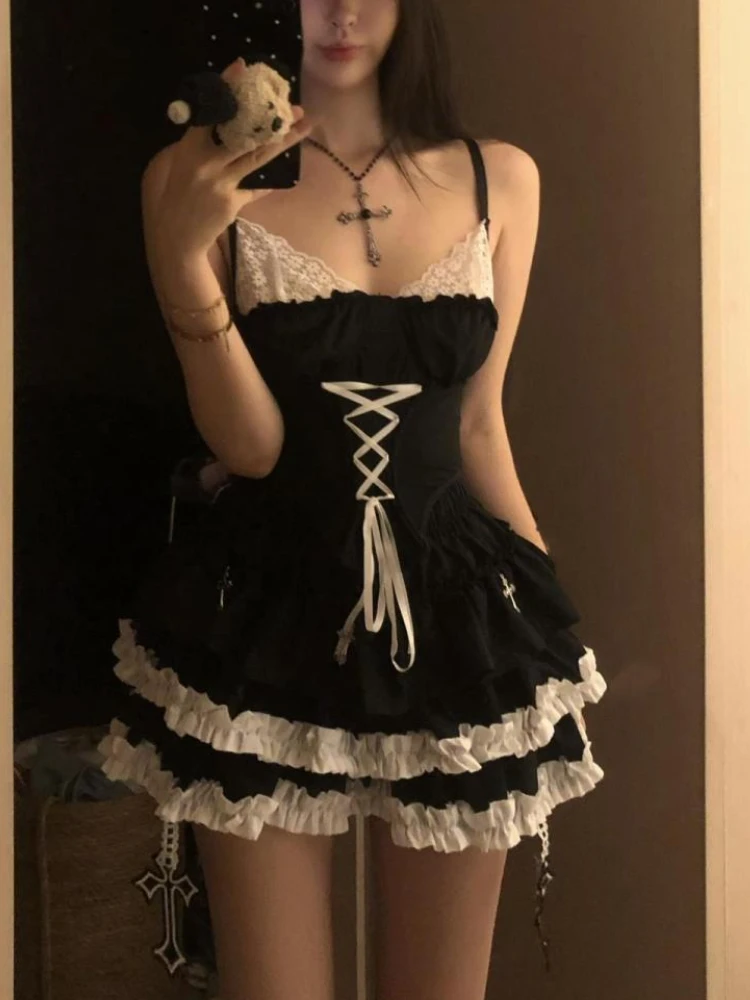 

New Design Retro Hottie Women's 2 Piece Set Lace Patchwork Y2k Tops + Slim Waist Skirt Aesthetic Female Sexy Chic Outfits Summer