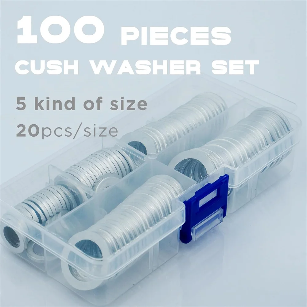 100pcs Aluminum Oil Drain Plug Gasket Set - 5 Sizes (M10, M12, M14, M16, M18) - Crush Washer for Oil Change