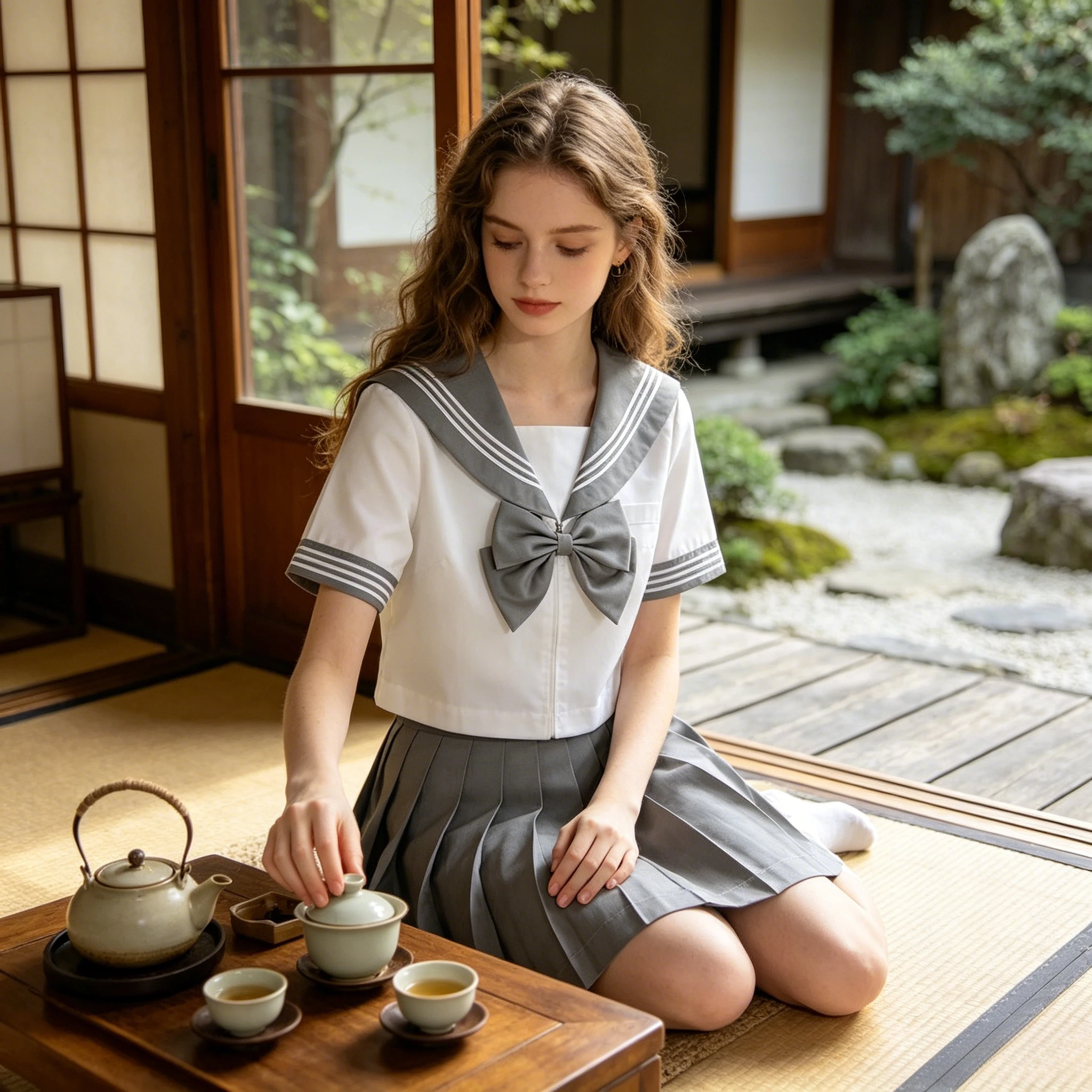 Uniforme Escolar Japonés, Traje de Marinero Básico, Cuello Gris Claro, Cuello Azul Marino con Tres Botones Blancos, Conjunto Versátil para Niñas, para el Campus y el Traslado Diario