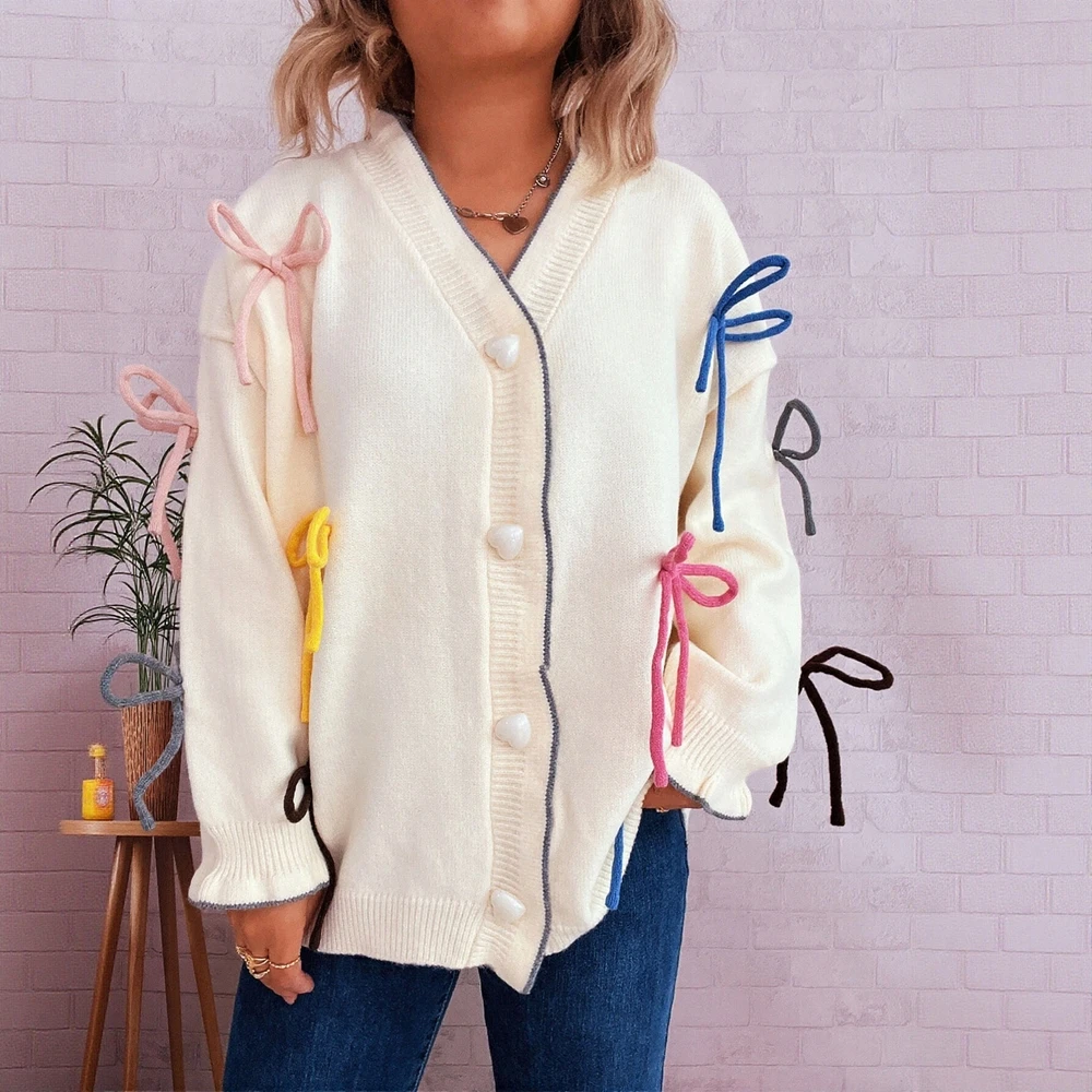 긴 소매 라운드 넥 가디건 가을 겨울 옷 버튼 장식 루즈핏 출퇴근 스타일 여성 오픈 프론트 니트웨어