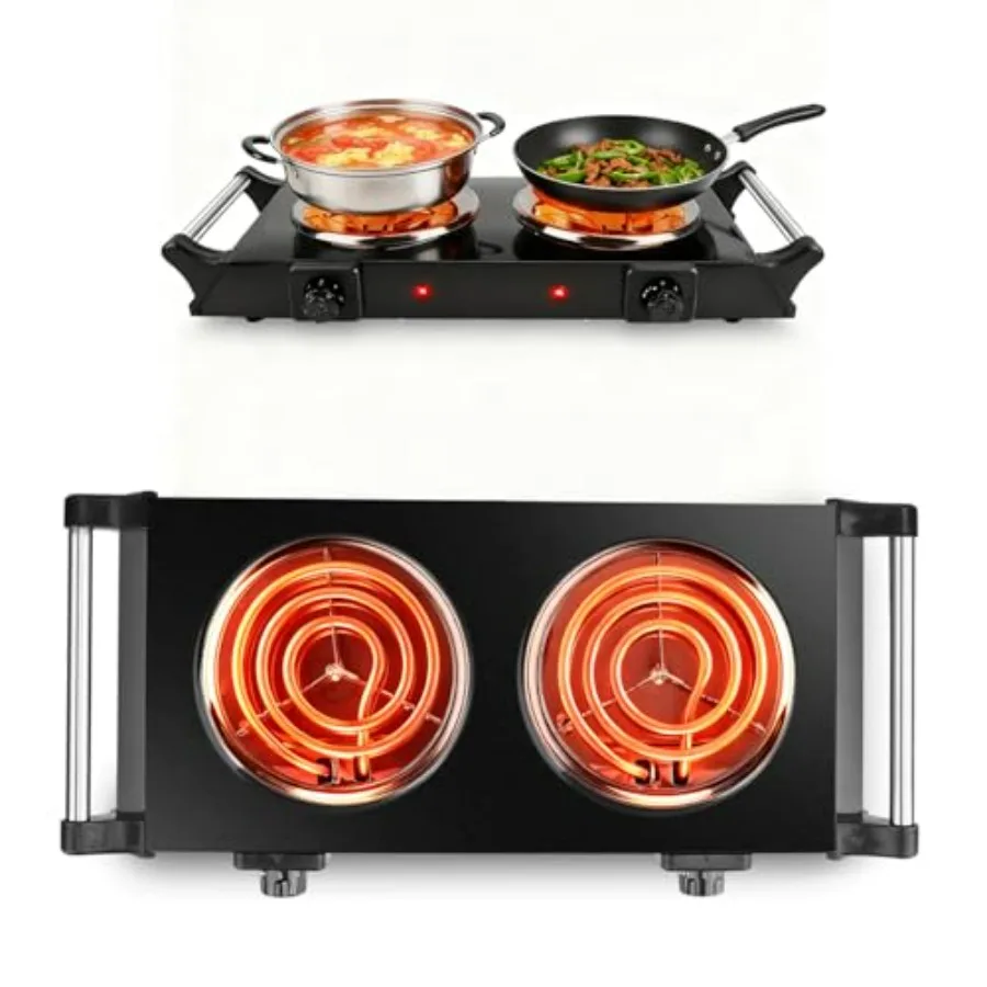 

Двойная портативная настольная плита 2000 Вт с 5-уровневым контролем температуры, чугунная конструкция, черная, идеально подходит для дома, автофургона, кемпинга