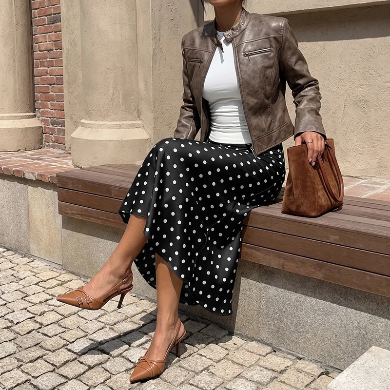 Chic 2026 French Retro Style Long Skirts Women Slim Fits Skinny Pencil Skirts Apricot High Waist Polka Dot Fishtail Skirt Y2K