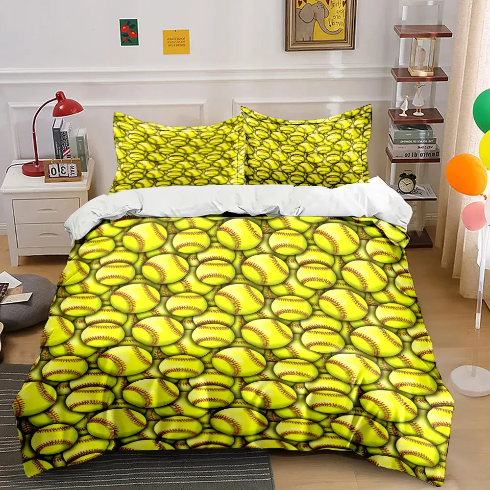 3Pcs Softball Bedding Set, Bright Yellow Softballs Print Duvet Cover + 2 Pillowcases, bedroom Sports Team Decor
