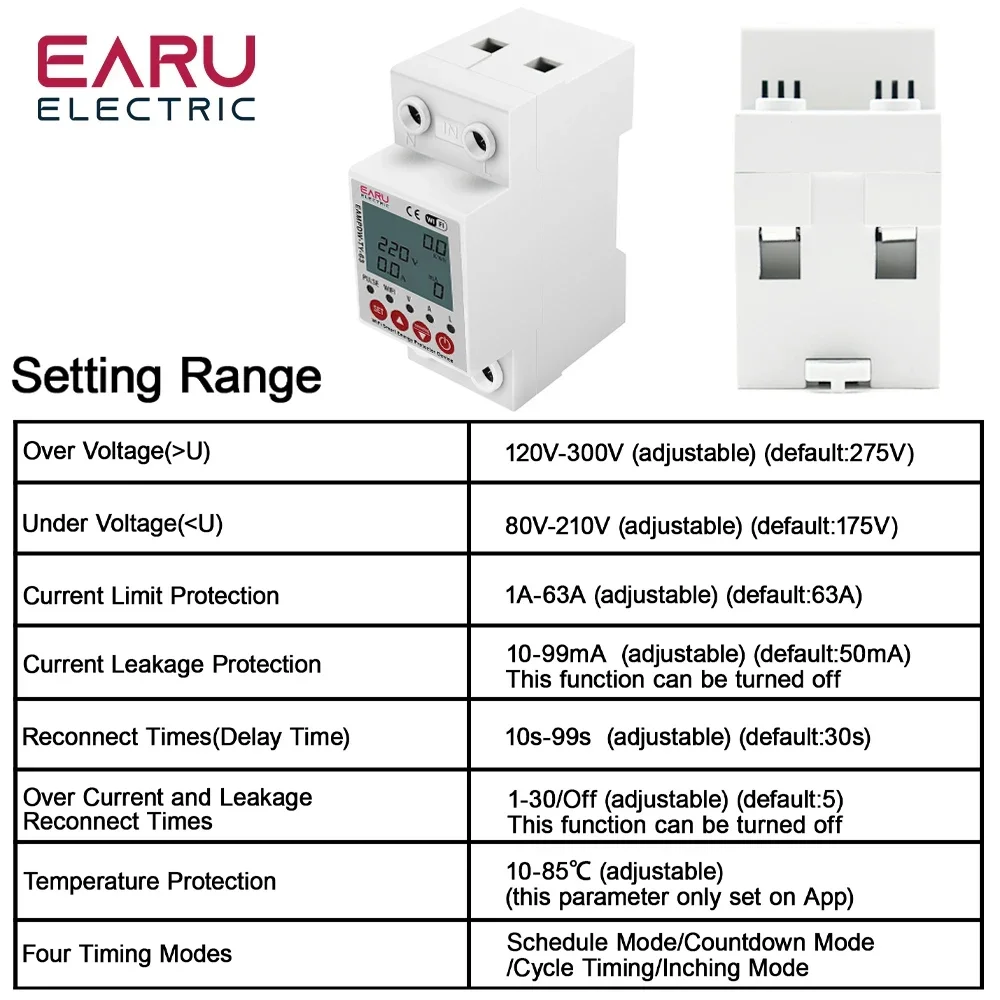 2P 63A TUYA APP WiFi Smart Circuit Earth Leakage Over Under Voltage Protector Relay Device Switch Breaker Energy Power kWh Meter