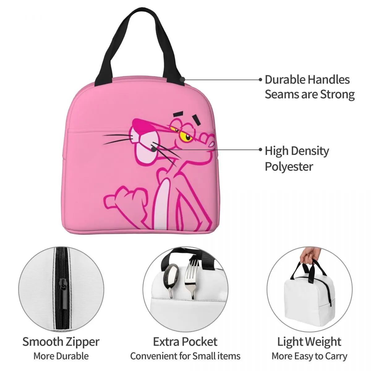 Pink Panther Insulated Lunch Bag Thermal Bag Lunch Container Cartoon High Capacity Lunch Box Tote Food Handbags School Travel