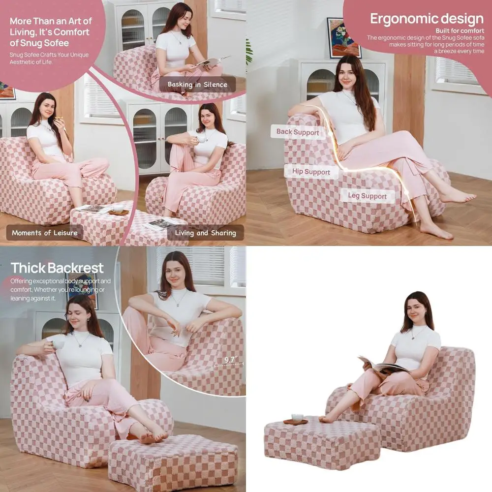 

Кресло-мешок из плюшевой ткани Тедди для взрослых с пуфиком с наполнителем из пены с эффектом памяти, идеально подходит для гостиной, спальни, общежития, квартиры, розовый