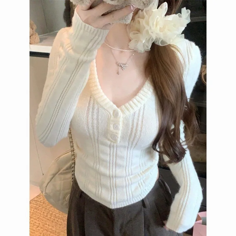 Kangni Velvet Long Sleeve V-Neck Button Pit Stripe Knitted Sweater Women's Slim Fit Top Korean Style Soft Polyester Fiber