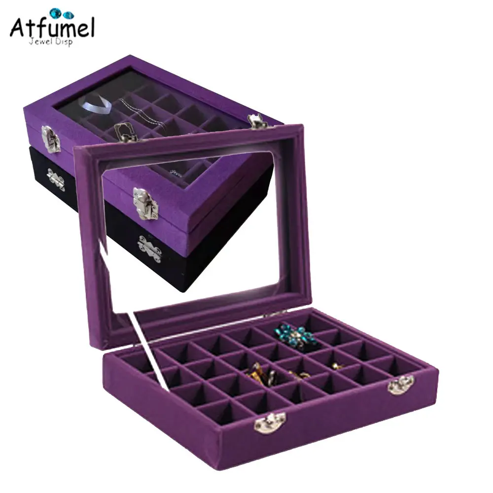 

24 Grids Velvet Ring Jewelry Display Box Nail Art Organizer Glass Cover Beads Earring Stud Storage Joyeros Organizador de joyas