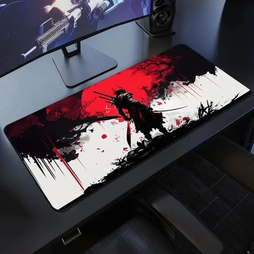 Imagen 2 del producto Estera de escritorio samurái japonés XXL, alfombrilla para teclado para juegos en blanco y negro, alfombrilla grande para ratón extendida Oni Samurai Ghost of Tsushima